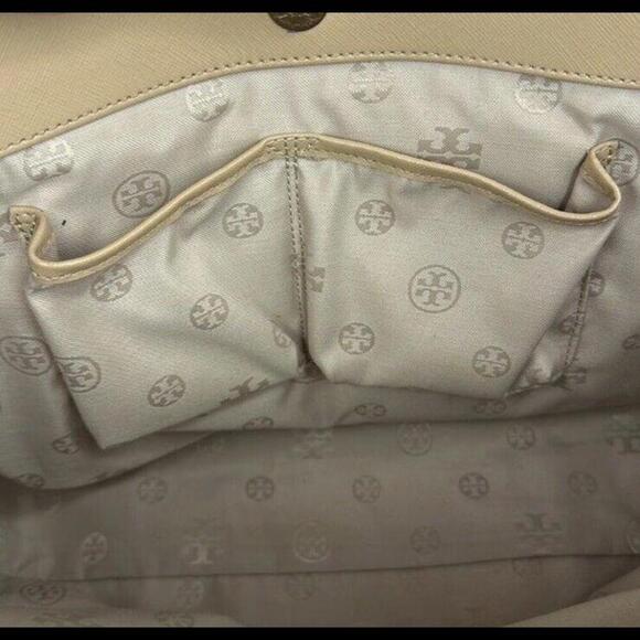 Tory Burch Robinson Tote Saffiano Leather Two Tone Beige Ivory Purse Crossbody - Picture 15 of 16